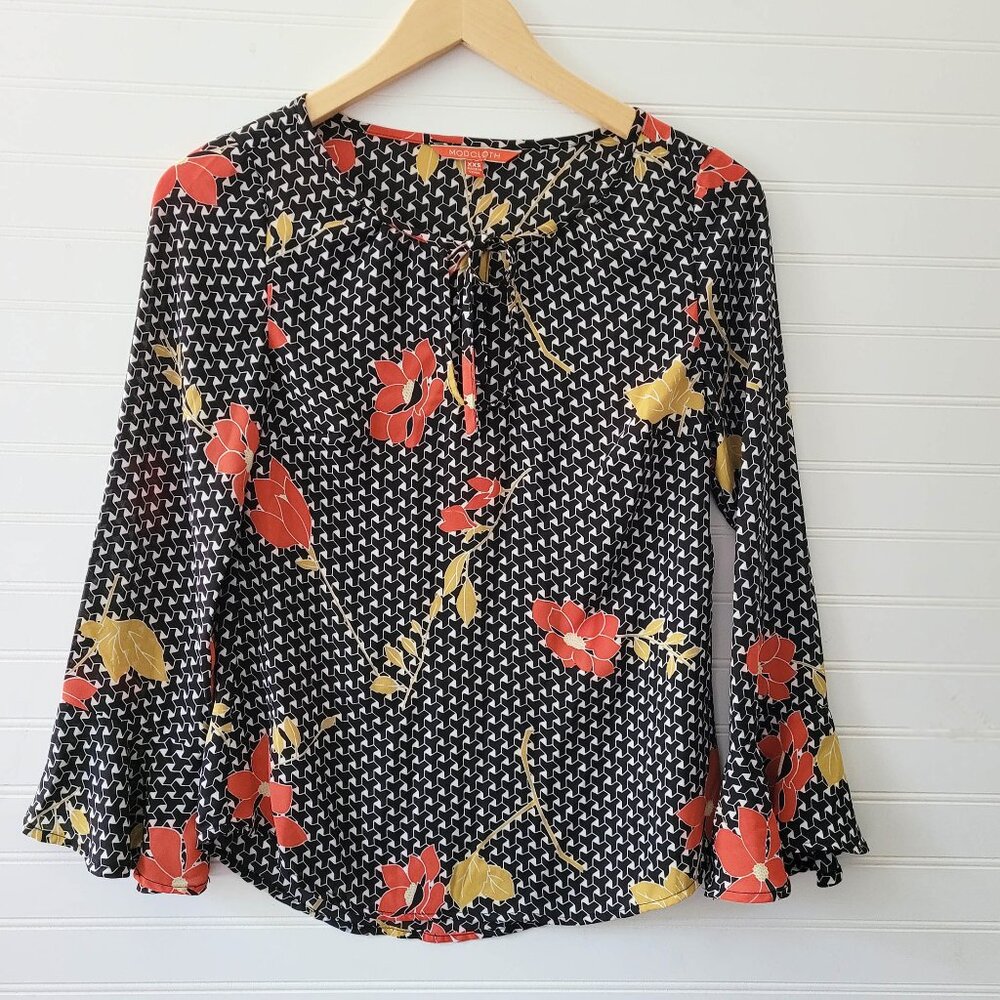 Modcloth Top Size XXS Black Geo Floral Print Ruffle Sleeve Tie Front Career